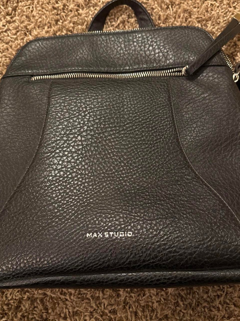 Max Studio Black Pebbled Leather Backpack with Silver Zip Accents